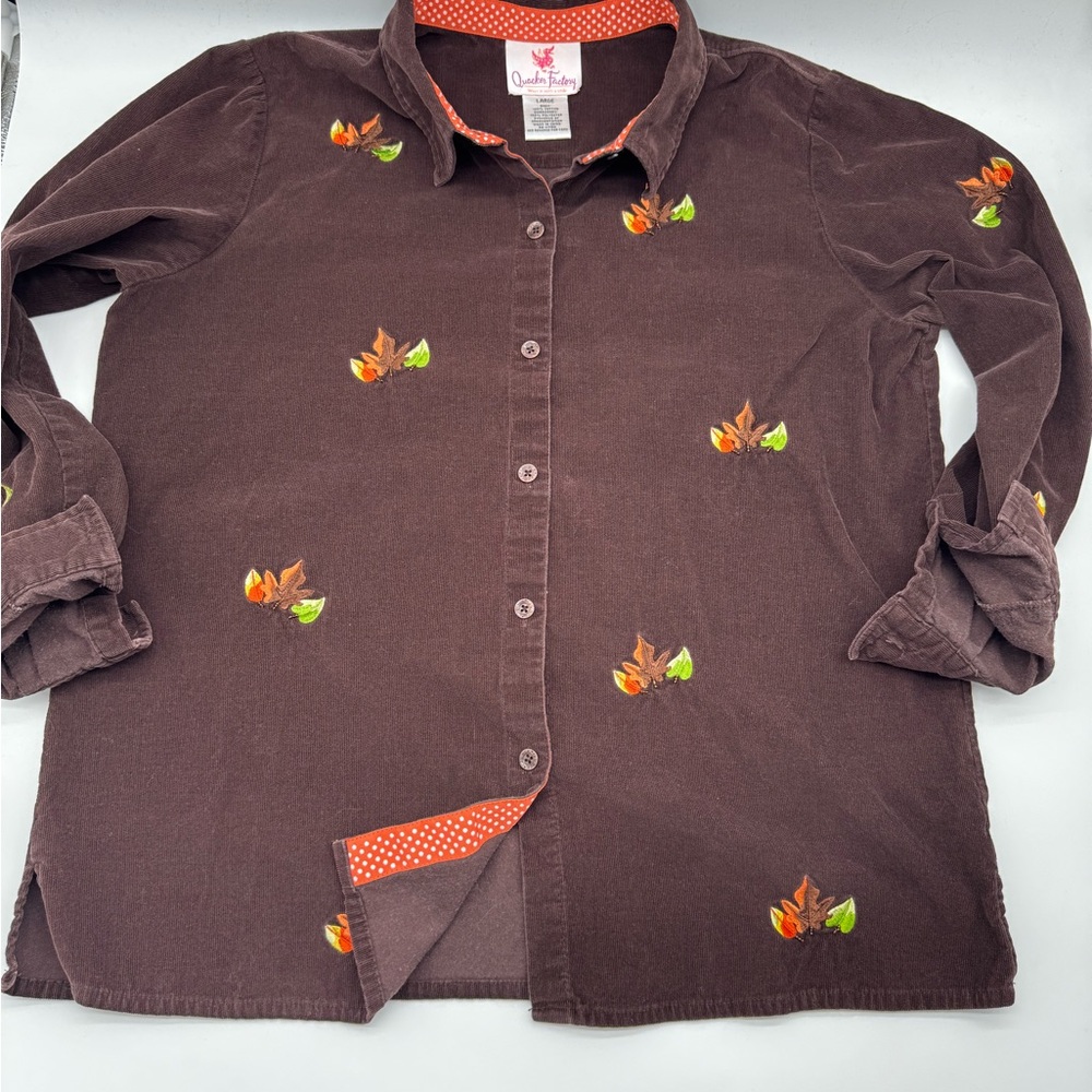Quacker Factory Brown Corduroy Shirt with Leaf‎ Embroidery, Size Large